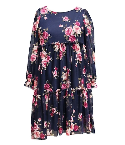 Ava & Yelly Big Girls Floral Printed Mesh Long Sleeve Tiered Dress