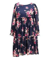 Ava & Yelly Big Girls Floral Printed Mesh Long Sleeve Tiered Dress