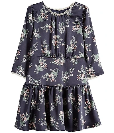 Ava & Yelly Big Girls Floral Satin Crew Neck Long Sleeve Dress
