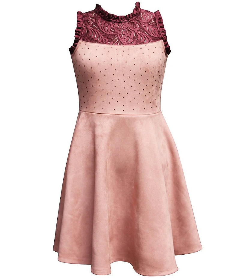 Ava & Yelly Big Girls Suede Rhinestone Mock Neck Fit-and-Flare Dress