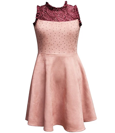 Ava & Yelly Big Girls Suede Rhinestone Mock Neck Fit-and-Flare Dress