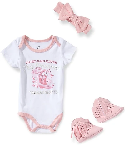 Baby Starters Baby Girl Short Sleeve Western Theme Bodysuit & Headband, Booties 3-Piece Set