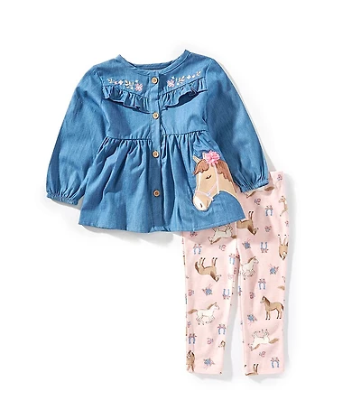 Baby Starters Baby Girls Long Sleeve Denim Floral Dress 2-Piece Legging Set