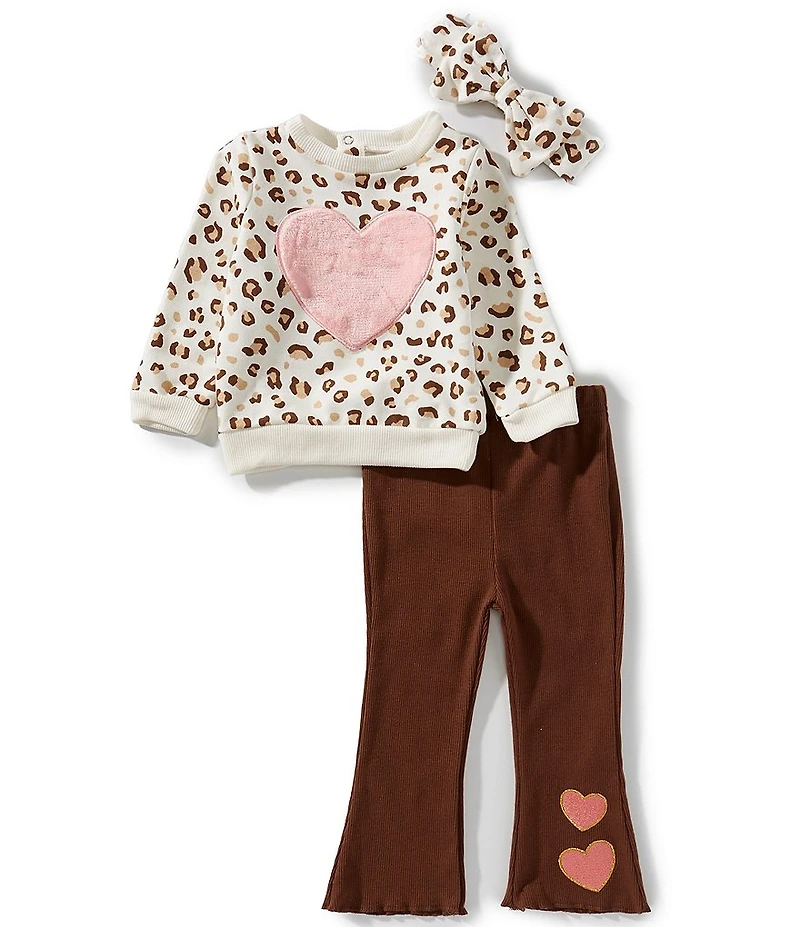 Baby Starters Baby Girls Long-Sleeve Heart-Appliqued Cheetah-Printed French Terry Sweatshirt & Heart-Appliqued Knit Pants Set