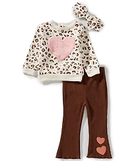 Baby Starters Baby Girls Long-Sleeve Heart-Appliqued Cheetah-Printed French Terry Sweatshirt & Heart-Appliqued Knit Pants Set