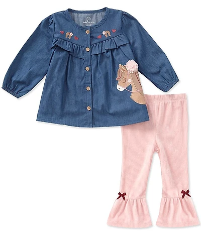 Baby Starters Baby Girls Long Sleeve Horse Applique Denim Tunic Top & Solid Bow Accented Leggings Set