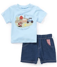 Baby Starters Baby Boys Short Sleeve Embroidered Tee & Denim Shorts 2-Piece Set