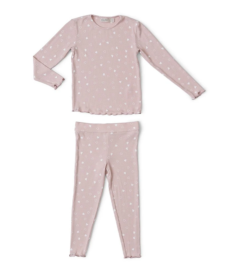 Barefoot Dreams Little Girls Heart Print Long Sleeve Ribbed Pajama Top & Pants Set