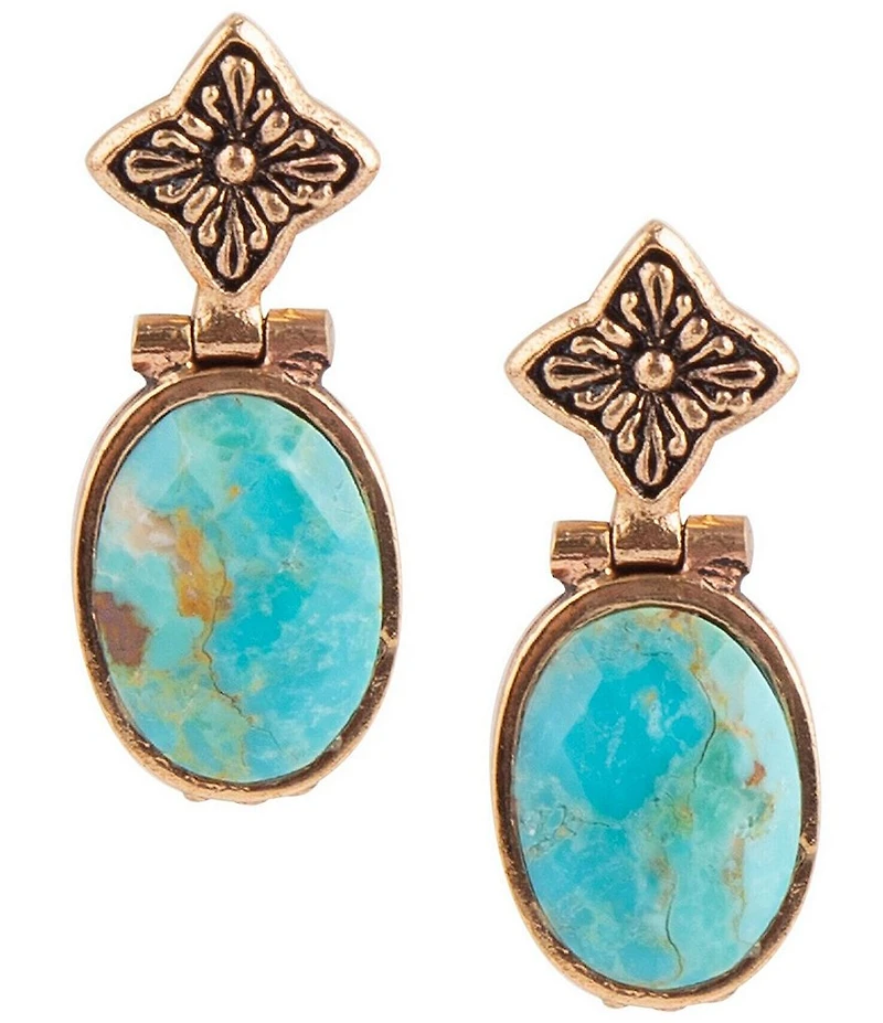 Barse Golden Flower and Blue Turquoise Drop Earrings