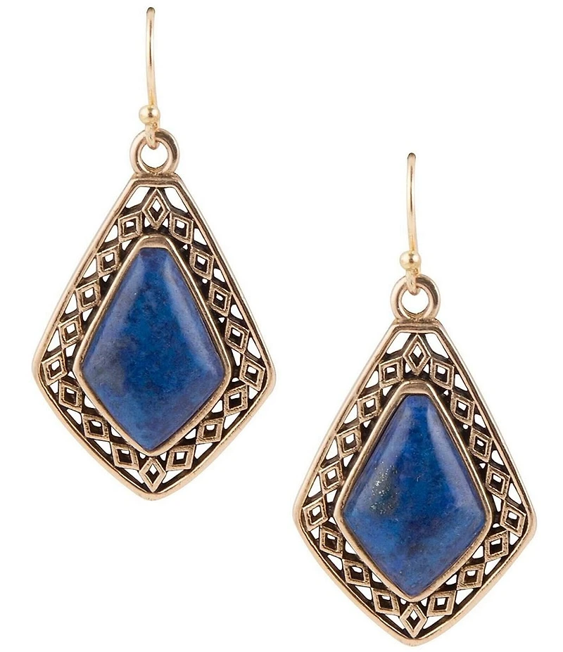 Barse Diamond Blue Lapis Stone Golden Drop Earrings
