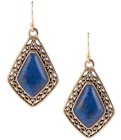 Barse Diamond Blue Lapis Stone Golden Drop Earrings