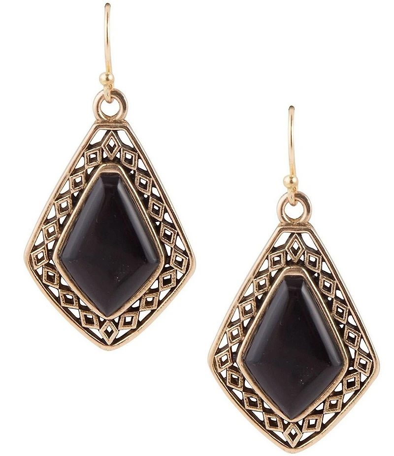 Barse Diamond Black Onyx Stone Golden Drop Earrings