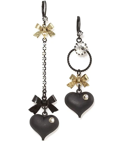 Betsey Johnson Mismatched Bow and Crystal Heart Novelty Earrings