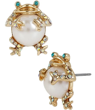 Betsey Johnson Faux-Pearl & Crystal Frog Novelty Stud Earrings