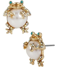 Betsey Johnson Faux-Pearl & Crystal Frog Novelty Stud Earrings