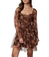 Blu Pepper Floral Printed Mesh Sweetheart Neck Long Sleeve Dress