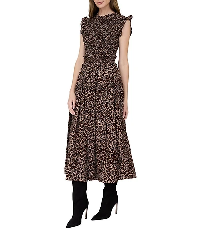 Blu Pepper Leopard Printed Smocked Tiered Midi Dress