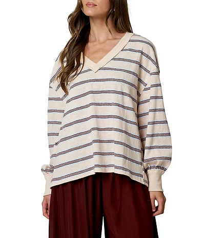 Blu Pepper Striped V-Neck Long Sleeve Knit Top