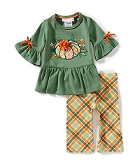 Bonnie Jean Baby Girls 3/4-Sleeve Patchwork-Pumpkin-Appliqued Tunic Top & Plaid Leggings Set