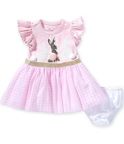 Bonnie Jean Baby Girls Flutter Sleeve Bunny-Appliqued Solid Bodice/Gingham-Printed Skirted Fit-And-Flare Dress