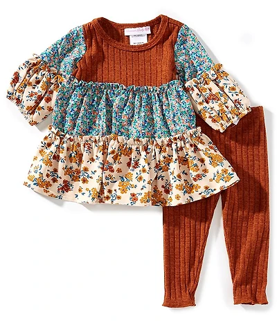 Bonnie Jean Baby Girls Long-Sleeve Mixed-Media-Printed Fit-And-Flare Dress & Solid Rib-Knit Leggings Set
