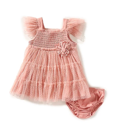 Bonnie Jean Baby Girls Flutter-Sleeve Flocked-Dot Tiered Fit-And-Flare Tulle Dress