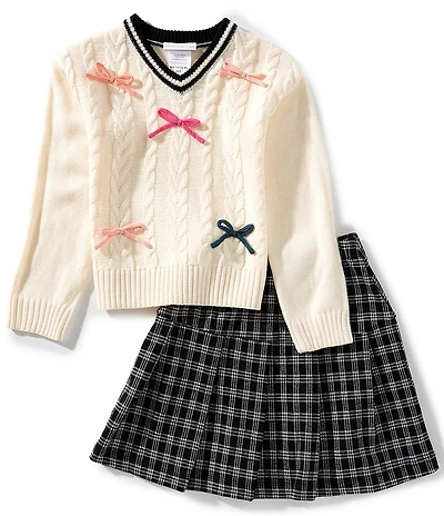 Bonnie Jean Big Girls Long-Sleeve Contrast-Taping Bow-Accented Sweater & Plaid Kick-Pleat Skirt Set