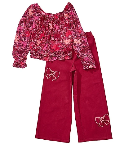 Bonnie Jean Big Girls Long-Sleeve Floral Mesh Peasant Top & Denim Pants Set