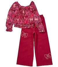 Bonnie Jean Big Girls Long-Sleeve Floral Mesh Peasant Top & Denim Pants Set