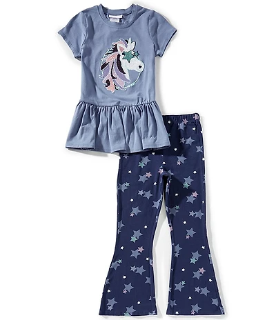 Bonnie Jean Big Girls Short-Sleeve Unicorn-Appliqued Tunic Top & Printed Flare-Leg Leggings Set