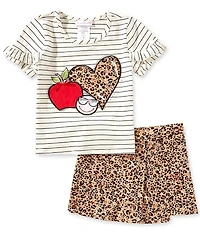 Bonnie Jean Big Girls Striped Short Sleeve Heart/Apple/Smiley Face Motif T-Shirt & Animal-Printed Skort Set