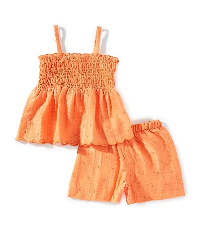 Bonnie Jean Little Girls Clip Dot Peplum Smocked Top With Scallop & Coordinating Shorts Set