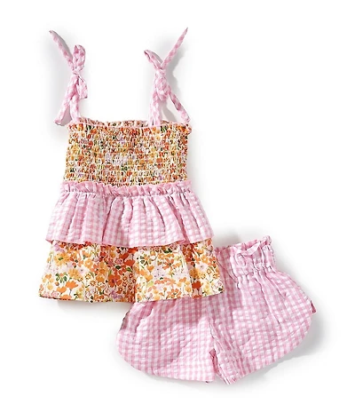 Bonnie Jean Little Girls Floral Print Smocked Peplum Tank Top & Gingham Shorts Set