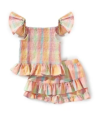 Bonnie Jean Little Girls Flutter Sleeve Smocked Seersucker Plaid Top & Ruffled Wrap Front Skort Set