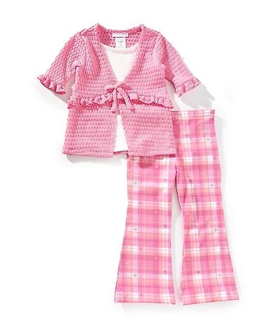 Bonnie Jean Little Girls Short Sleeve Crochet Knit Tie Top & Printed Plaid Floral Flare Pants Set