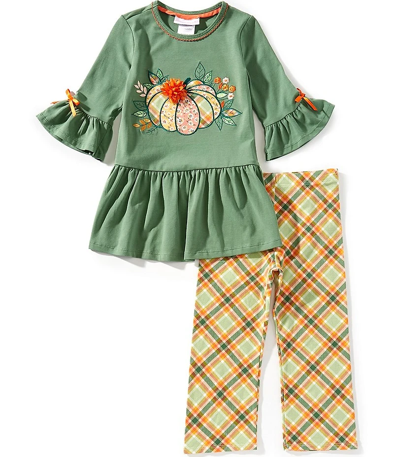 Bonnie Jean Little Girls 3/4-Sleeve Pumpkin-Appliqued Tunic Top & Plaid Leggings Set