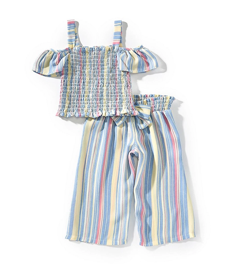 Bonnie Jean Little Girls Cold-Shoulder Striped Top & Matching Striped Cropped Pants Set