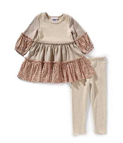 Bonnie Jean Little Girls Lantern-Sleeve Mixed-Media Color Block/Animal-Printed Dress & Solid Rib-Knit Leggings Set