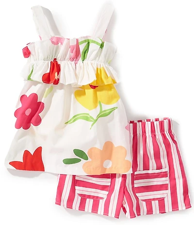 Bonnie Jean Little Girls Floral-Printed Oversized Tank Top & Vertical-Striped Shorts Set