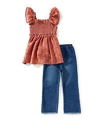Bonnie Jean Little Girls Flutter-Sleeve Smocked Textured Woven Top & Flare-Leg Denim Jeggings Set