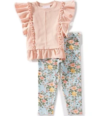 Bonnie Jean Little Girls Flutter-Sleeve Solid Rib-Knit Top & Floral-Printed Knit Leggings Set