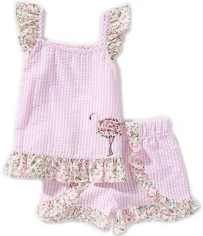 Bonnie Jean Little Girls Flutter-Sleeve Striped Flamingo-Appliqued Seersucker Top & Matching Shorts Set
