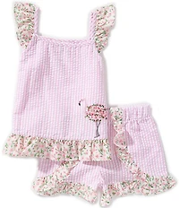 Bonnie Jean Little Girls Flutter-Sleeve Striped Flamingo-Appliqued Seersucker Top & Matching Shorts Set