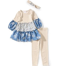 Bonnie Jean Little Girls Lantern Sleeve Mixed Media Printed Dress & Solid Leggings Set