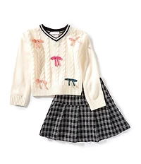 Bonnie Jean Little Girls Long-Sleeve Contrast-Taping Bow-Accented Sweater & Plaid Kick-Pleat Skirt Set