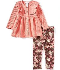 Bonnie Jean Little Girls Long-Sleeve Pinafore-Ruffle Textured-Knit Tunic Top & Floral-Printed Leggings Set