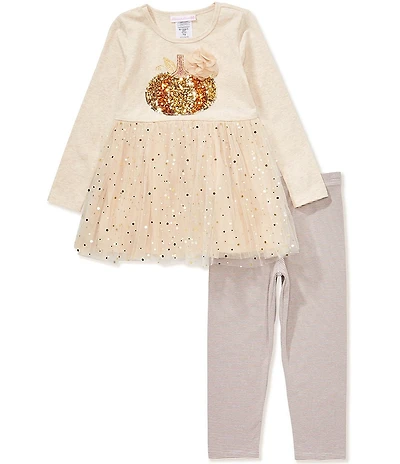 Bonnie Jean Little Girls Long Sleeve Pumpkin Appliqued Tutu Dress & Striped Leggings Set