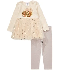 Bonnie Jean Little Girls Long Sleeve Pumpkin Appliqued Tutu Dress & Striped Leggings Set