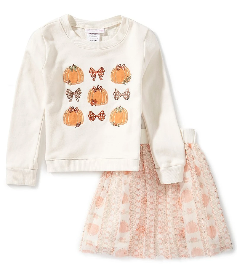 Bonnie Jean Little Girls Long Sleeve Pumpkin Bow Applique Sweatshirt & Mesh Pumpkin Skirt Set