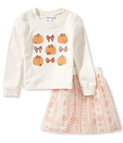 Bonnie Jean Little Girls Long Sleeve Pumpkin Bow Applique Sweatshirt & Mesh Pumpkin Skirt Set